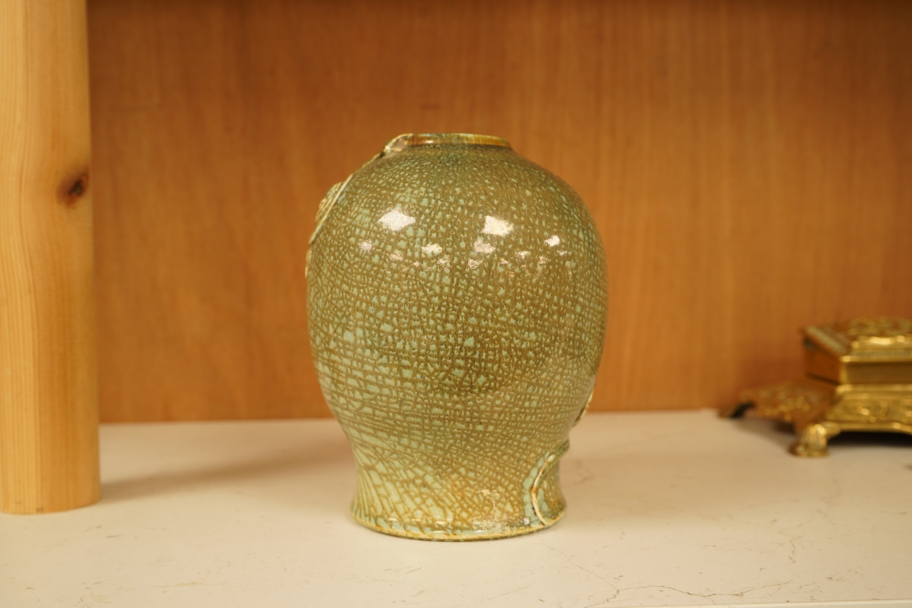 A Mortlake ‘dragon’ vase, monogrammed and dated 1912, 15cm